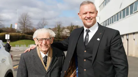 Francis on his 99th birthday, having been chauffeur-driven to the Swansea.com Stadium by club ambassador Lee Trundle