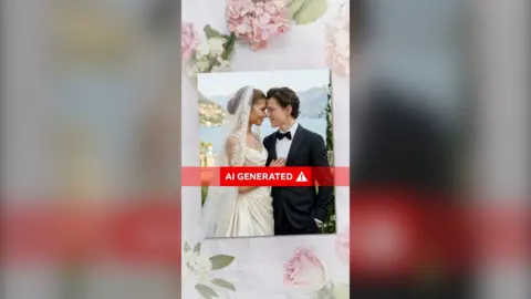 Zendaya in a wedding dress and Tom Holland in a suit, with a big red letters across the middle saying 'AI generated'
