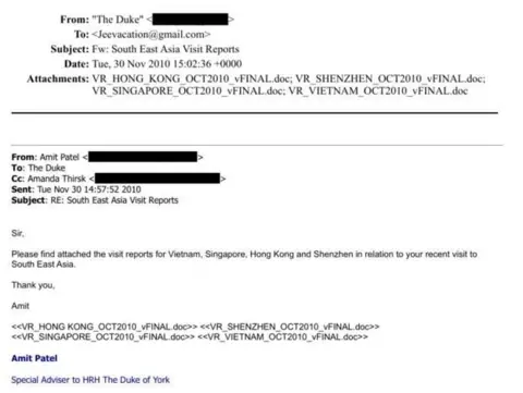 US Department of Justice An email exchange between Amit Patel and Jeffrey Epstein shows Patel writing to the US financier about "The Duke's" movements around Asia, including Vietnam, Singapore, Hong Kong and China. 
