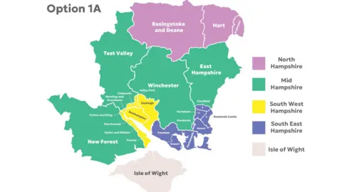 A graphic showing Option 1A of the local government reoganisation.
It shows a new North Hampshire authority taking in Basingstoke, Hart and Rushmoor, a Mid Hampshire authority covering the most of the existing New Forest, Test Valley, Winchester and East Hampshire, a South West Hampshire one taking in Eastleigh, Southampton and the the newly added Waterside villages, including Totton, a South East Hampshire authority taking in Portsmouth, Havant, Gosport and Fareham.