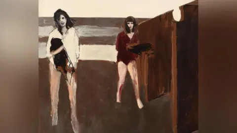 A painting in muted towns of browns and reds, showing two young women walking on a beach by wooden groynes. They appear to be wearing swimming costumes and towels and carrying bundles of clothes. The beach, the waves and the sea are presented as stripes of colour. 