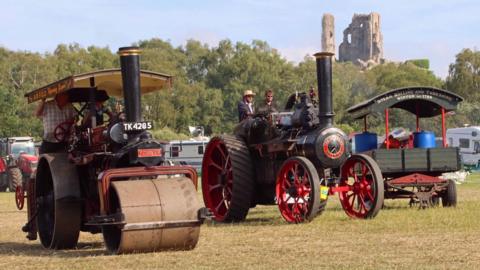 Steam engines on a field with corfe castle in the background