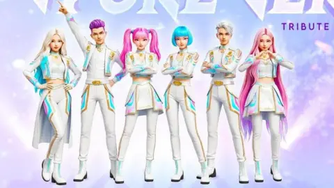 KPop tribute act poster. There are six cartoon KPop stars and text above reads KPop Forever Tribute. They wear white costumes and the background is purple. 