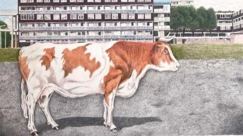 A cow on a housing estate as part of the Drawing Places exhibition 