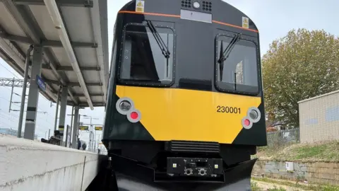 One of the trains, which has a flat frontage and is in green and yellow GWR livery, at a station platform.