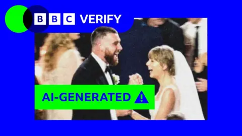 A fake image of Taylor Swift and Travis Kelce dancing at their wedding, in a blue frame and covered by a 'AI-generated' green label.