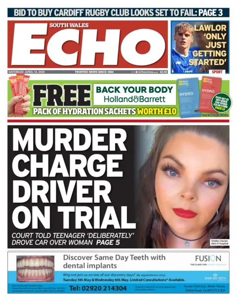 South Wales Echo Front page of South Wales Echo shows main headline "Murder charge driver on trial" next to an image of a young woman with dark hair. She wears make up and silver hoop earrings. Other headlines read: "Lawlor 'only just getting started'", "Bid to buy Cardiff rugby club looks set to fail".