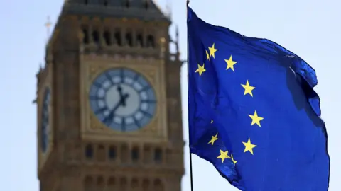 The EU flag flies outside the British parliament in London.