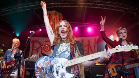 Helen Williams/Drama Republic Ltd/BBC Amelia Bullmore, Rosalie Craig and Tamsin Greig in Riot Women.