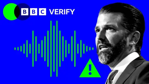 A promo image showing Donald Trump Jr speaking. A waveform and warning label are superimposed in the background and the BBC Verify colours are visible in blue and yellow. 