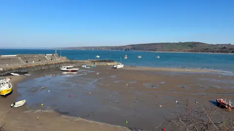 Picture of New Quay beach in Cardigan. It's a bright day with blue skies, a hilltop can be seen in the distance on the other side of the sea. The tide is drawn out and several boats are anchored in the sand. Buoys can be seen in the sand. 