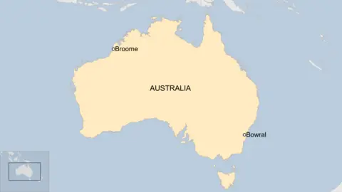 Map of Australia showing Broome in Western Australia to Bowral, south-west of Sydney