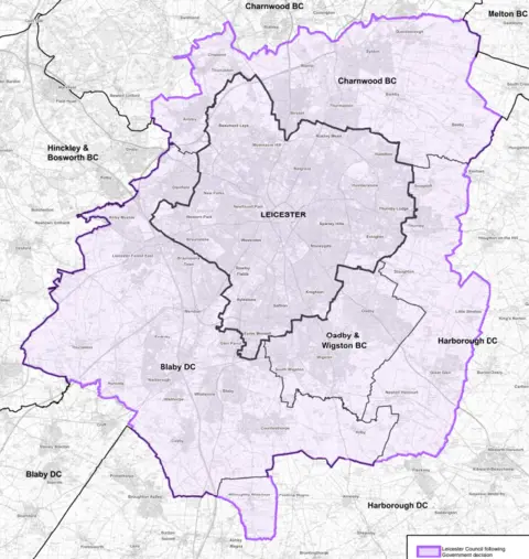 Leicester City Council A map of Leicester and its surrounding area shaded in different colours