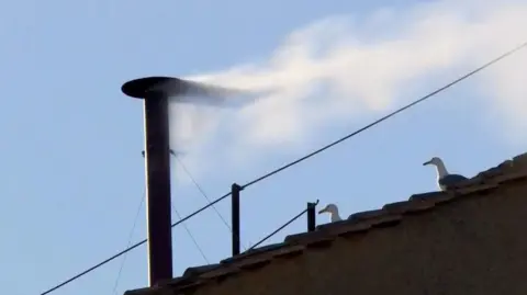 white Smoke billowing from chimney