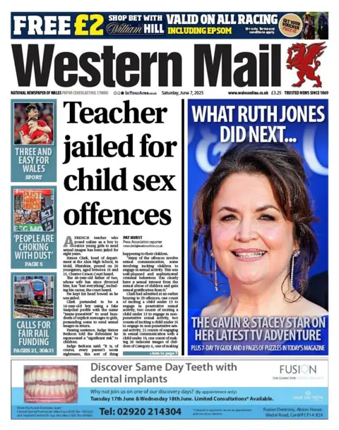 Western Mail Front page of Western Mail with the main headline 'teacher jailed for child sex offences'. Next to that is a photo of Ruth Jones with the headline 'What Ruth Jones did next... The Gavin and Stacey star on her latest TV adventure'. 