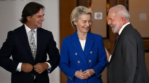 Uruguay president Luis Lacalle Pou, EC president Ursula von der Leyen and Brazil's president Luiz Inacio Lula da Silva 