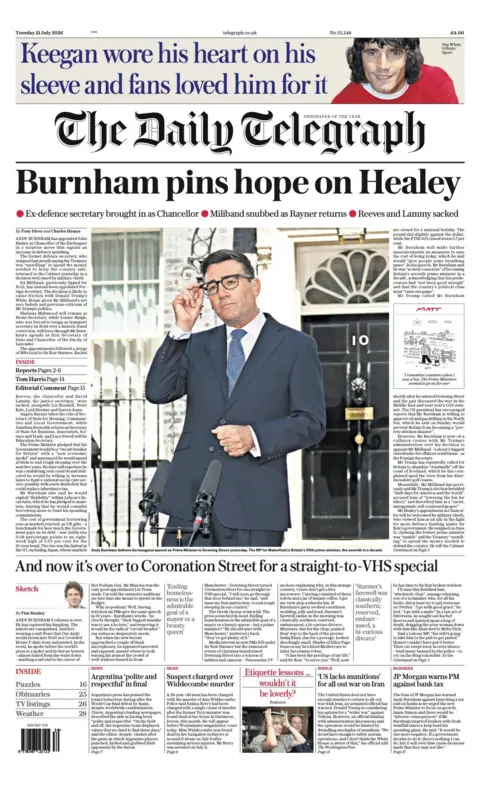The headline on the front page of the Daily Telegraph reads: “Burnham pins hope on Healey”.