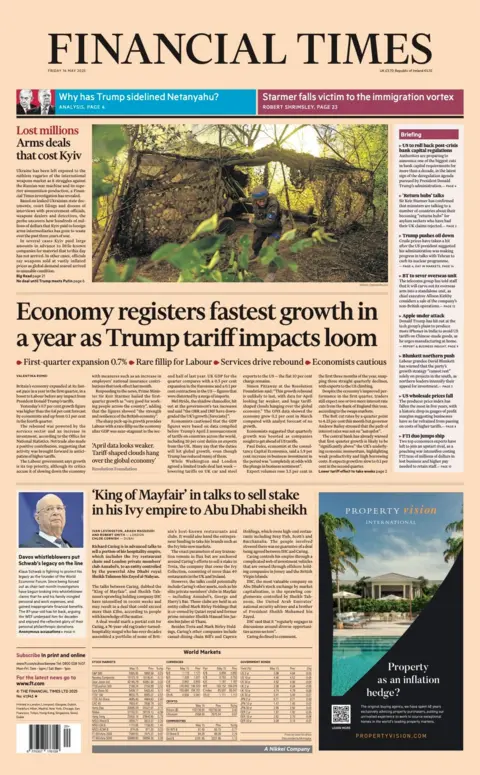 The headline on the front page of the Financial Times reads: "Economy registers fastest growth in a year as Trump tariff impacts loom".