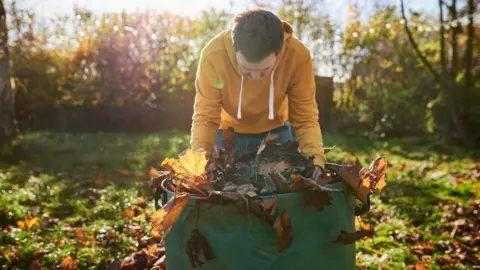 A man wearing blue jeans and a yellow hoodie gathering fallen leaves in a large green compost sack