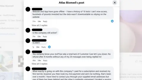 Facebook A screengrab of Atlast Biomed's Facebook page with angry comments from users.