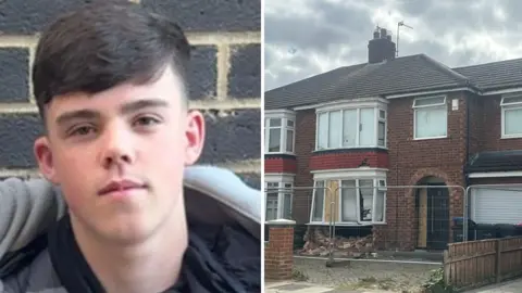 Cole Worthy (left), house with damage to its front window (right)