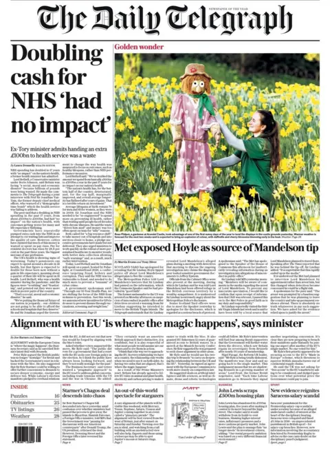 The headline on the front page of the Daily Telegraph reads: "Met exposed Hoyle as source of Mandelson tip."