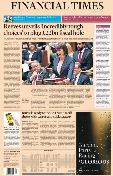 The headline on the front page of the Financial Times reads: "Reeves unveils 'incredibly tough choices' to plug £22bn fiscal hole