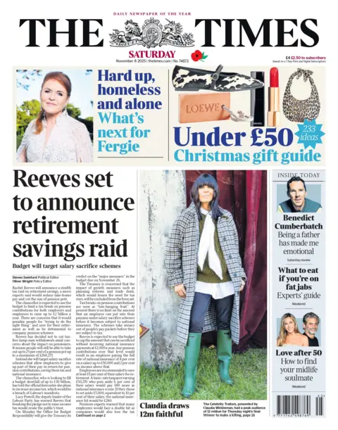 "Reeves set to announce retirement savings raid," writes the Times