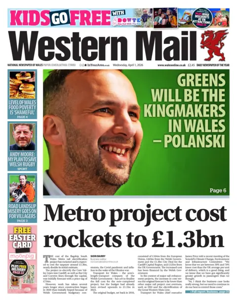 Western Mail Front page of the Western Mail. The headline reads 'Metro project cost rockets to £1.3bn'.