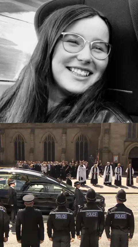 A split image. The top half is a black-and-white close-up portrait of a person wearing glasses, seated beside a window. The bottom half shows a funeral procession outside a large stone cathedral, with a black hearse in the foreground, several police officers standing in formation, clergy members in robes, and a crowd gathered near the church entrance. Visible text on the police uniforms reads “POLICE.”