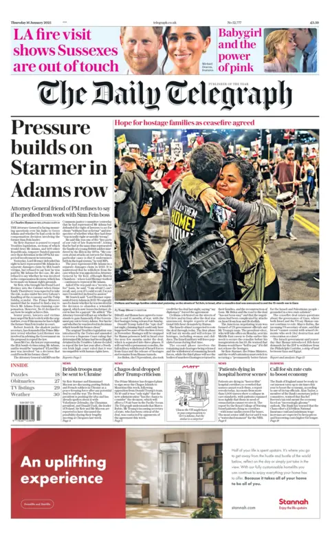 The headline on the front page of the Daily Telegraph read: "Pressure remains on Starmer in Adams controversy"