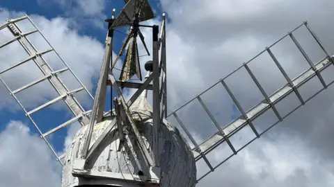 A close-up picture of the mill's white painted top with paint peeling on the cap of the mill and what appears to be green mould growing in patches, particularly on the fantail