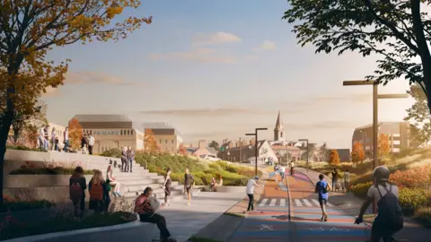 ARUP An artists impression showing a path and cycleway with colourful artwork, steps to the left with lots of people sitting around and walking.