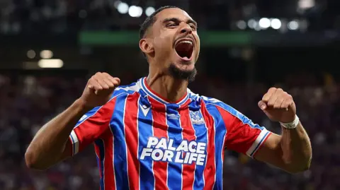  Maxence Lacroix celebrating after Crystal Palace's Europa Conference League final won over Rayo Vallecano.