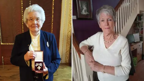 On the left: A woman with white hear smiling and holding a cross-shaped medal in a box in front of her. On the right: A woman with grey hear leaning against a stair rail and smiling at the camera.