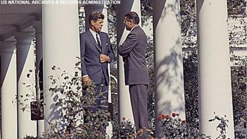JFK and Secretary of Defense Robert McNamara next to the White House Rose Garden