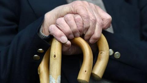 Older hands holding walking sticks