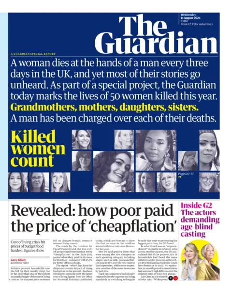 The Guardian's front page headline reads: 