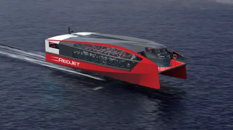 A CGI image of a red and black passenger ferry travelling over the water