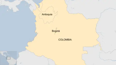 A map of Colombia showing Bogota and Antioqia