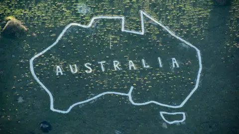 A grassy hillside with the white outline of a map with the word 'Australia' in the middle