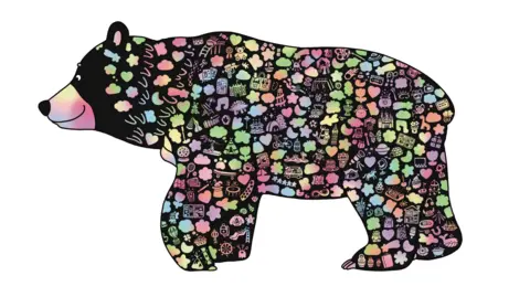 ellenor A 2D illustration of a bear, painted black and adorned with pastel-coloured doodles of items including hearts, butterflies, planets and clouds.