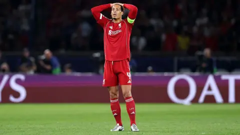 Virgil van Dijk of Liverpool reacts during the UEFA Champions League 2025-26 quarter-final first leg match between Paris Saint-Germain and Liverpool at Parc des Princes on 8 April 2026 in Paris, France