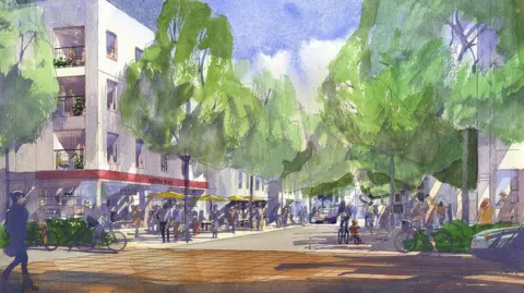 An artist's impression of the community area with apartments, shops, pathways and cycleways drawn, with trees down the centre