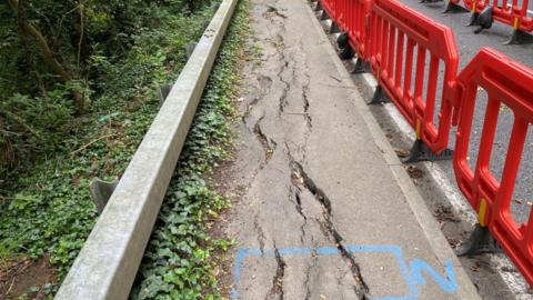 Sizeable cracks on a footpath with red barricades on one side and vegetation on the other