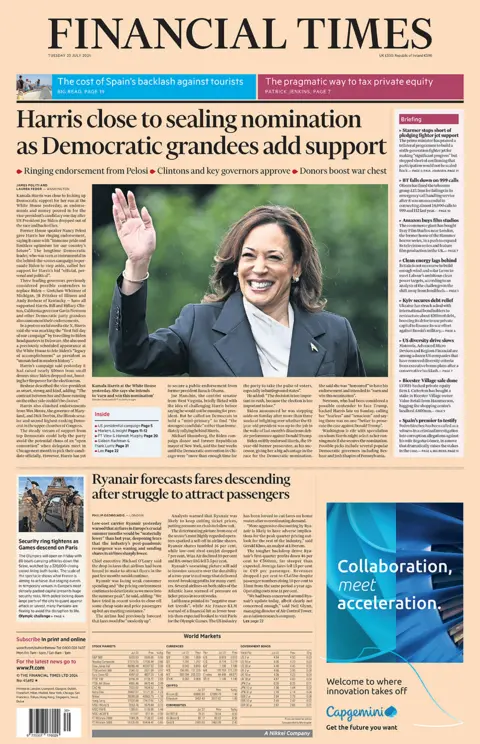 The Financial Times headline reads: Harris close to sealing nomination as Democratic grandees add support