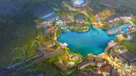 Artist's impression of a bird's eye view of the Universal Studios theme park - an artificial lake surrounded by building and attractions.