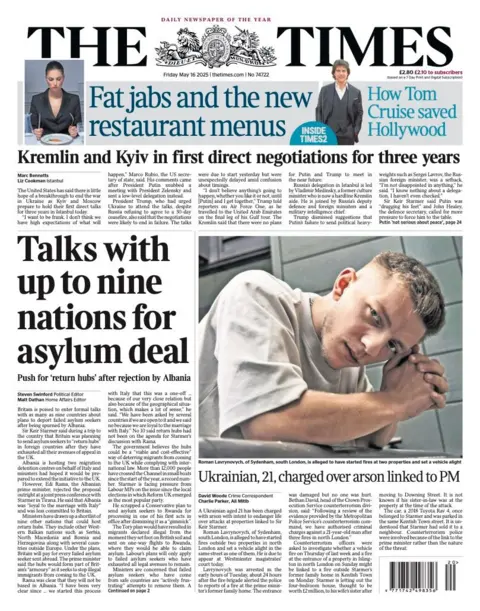 The headline on the front page of the Times reads: "Talks with up to nine nations for asylum deal".