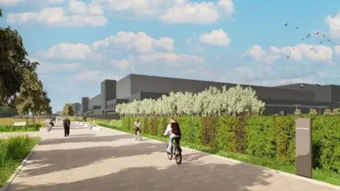 Agratas A CGI image of people riding a bike in on a pathway next to a large modern building.