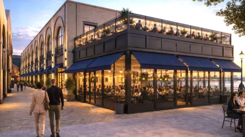 Rioja Estates/Willmott Dixon A visualisation of what the food quarter could look like at North Quay, with people sat inside a restaurant eating next to the river and a paved avenue.